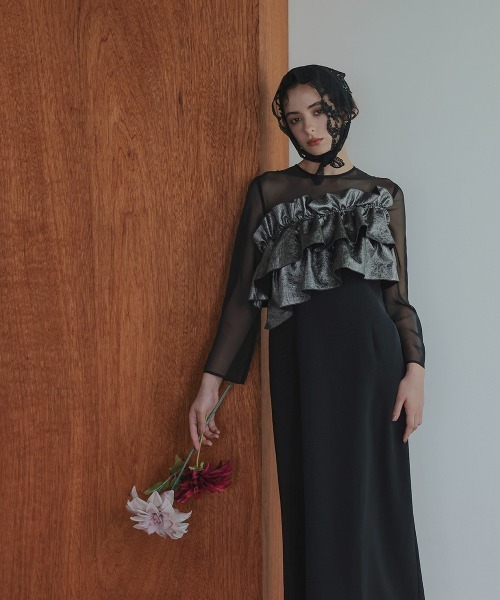 Callarus（カラルス）の「アシメジャガードフリルデザインワンピースドレス〔Callarus〕（ドレス・レディース・グリーン系その他/ブラック系その他/ブラック×シルバー・M/LL/L）」の13枚目の写真