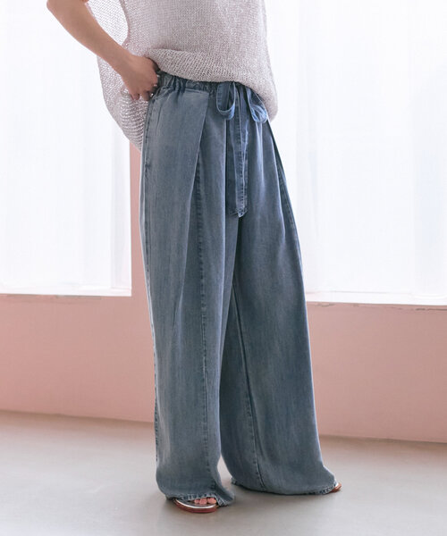 セール】【リラックスデニム】リボンタックデニムワイドパンツ