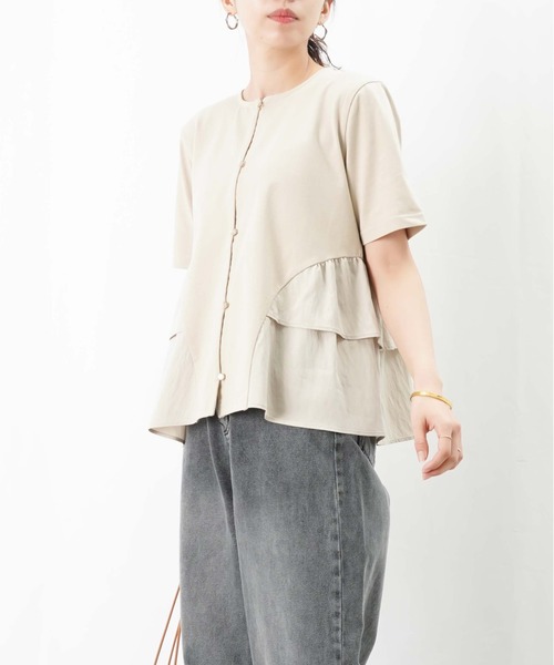 tシャツ LC/LLL 脇フリル前開きクルーネックTシャツ レディース セール】LC/LLL 脇フリル前開きクルーネックTシャツ（Tシャツ
