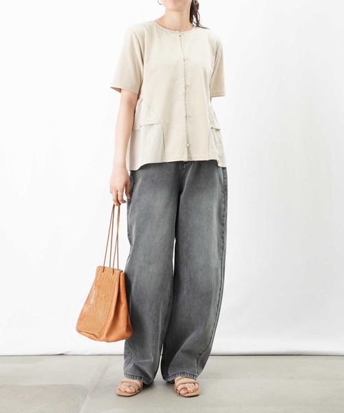 tシャツ LC/LLL 脇フリル前開きクルーネックTシャツ レディース セール】LC/LLL 脇フリル前開きクルーネックTシャツ（Tシャツ