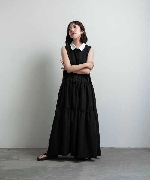 lawgy（ラウジー）の「collar tiered op / カラーティアードワンピ（ワンピース・レディース・ブラック/チャコール/ベージュ・FREE）」の2枚目の写真