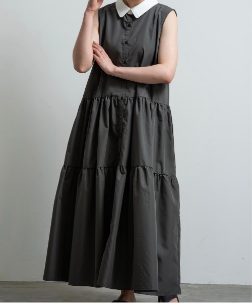 lawgy（ラウジー）の「collar tiered op / カラーティアードワンピ（ワンピース・レディース・ブラック/チャコール/ベージュ・FREE）」の5枚目の写真