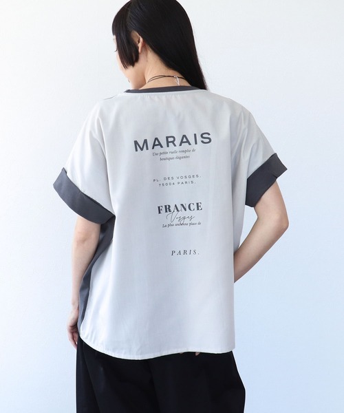 Three Four Time(スリーフォータイム)の「バックプリント異素材バイカラープルオーバー(Tシャツ/カットソー・レディース・ホワイト/グレー・FREE)」の2枚目の写真