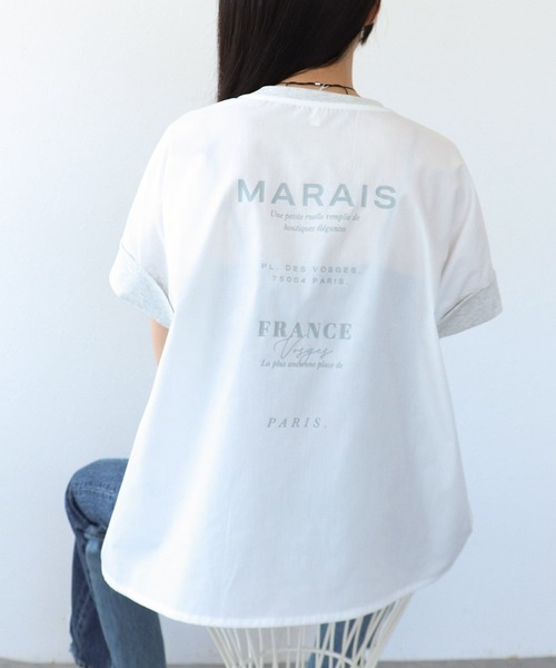 Three Four Time(スリーフォータイム)の「バックプリント異素材バイカラープルオーバー(Tシャツ/カットソー・レディース・ホワイト/グレー・FREE)」の1枚目の写真