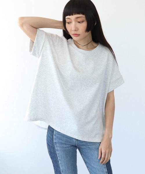 Three Four Time(スリーフォータイム)の「バックプリント異素材バイカラープルオーバー(Tシャツ/カットソー・レディース・ホワイト/グレー・FREE)」の3枚目の写真