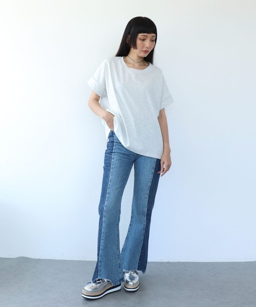 Three Four Time(スリーフォータイム)の「バックプリント異素材バイカラープルオーバー(Tシャツ/カットソー・レディース・ホワイト/グレー・FREE)」の5枚目の写真