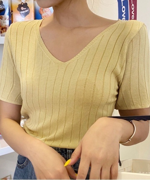 shoppinggo(ショッピングゴー)の「夏新作 サマーニット レディース セーター 半袖セーター(ニット/セーター・レディース・ベージュ/イエロー・FREE)」の2枚目の写真