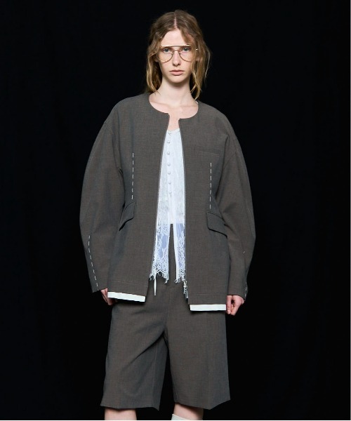 MAISON SPECIAL（メゾンスペシャル）の「Hour Glass Worsted Zip Jacket/アワーグラスウーステッドジップジャケット■セットアップ対応■（ノーカラージャケット・レディース・ブラック/モカ・FREE）」の12枚目の写真