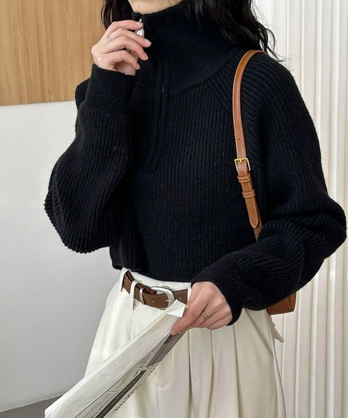 セール】ハーフジップニットトップス ショート丈 タートルネック