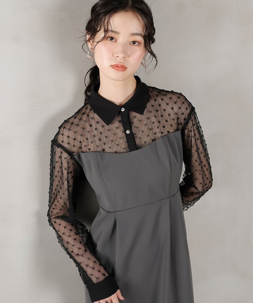 Kana（カナ）の「ドットチュール シャツ ドレス パーティー 結婚式 お呼ばれ オケージョン（ドレス・レディース・ブラック/カーキ/チャコールグレー・M）」の17枚目の写真