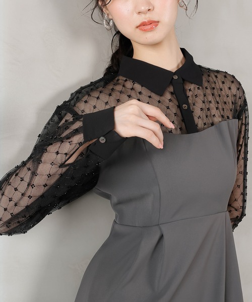 Kana（カナ）の「ドットチュール シャツ ドレス パーティー 結婚式 お呼ばれ オケージョン（ドレス・レディース・ブラック/カーキ/チャコールグレー・M）」の18枚目の写真