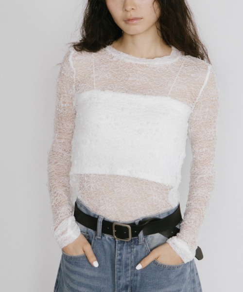 duei（デュイ）の「ジャガードレースロングスリーブトップス（Tシャツ/カットソー・レディース・ホワイト/ブラック・FREE）」の2枚目の写真