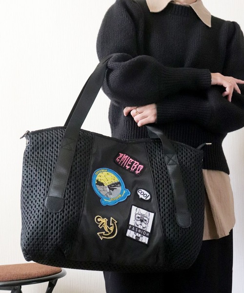 florist（フローリスト）の「【2size展開/M・L】2WAY ラッセルメッシュカスタムワッペンボストンバッグ/ショルダーバッグ/トラベルバッグ（ボストンバッグ・レディース・ブラック系3/ブラック系4/ブラック系2/ブラック系1・M/L）」の18枚目の写真