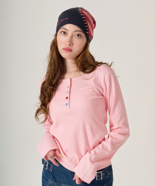 TINA:JOJUN ハートニット ハートボタン ヘンリーネック ロンT TINA：JOJUN（Tシャツ