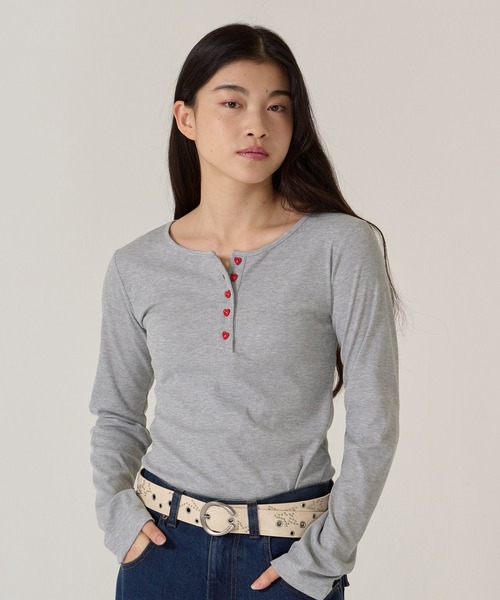 ハートボタン ヘンリーネック ロンT TINA：JOJUN（Tシャツ/カットソー