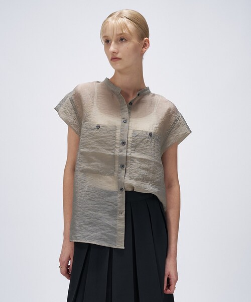 cloenc(クロエンス)の「【マシンウォッシュ】シアーフレンチスリーブシャツ(シャツ/ブラウス・レディース・ライトグリーン/ダークブラウン/スミクロ・02)」の1枚目の写真