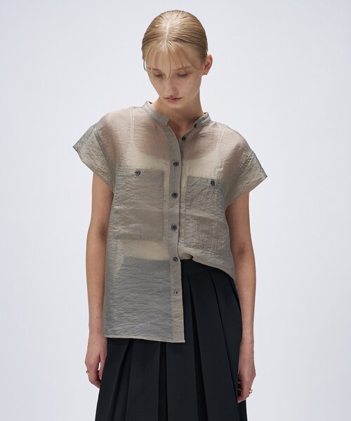 cloenc(クロエンス)の「【マシンウォッシュ】シアーフレンチスリーブシャツ(シャツ/ブラウス・レディース・ライトグリーン/ダークブラウン/スミクロ・02)」の5枚目の写真