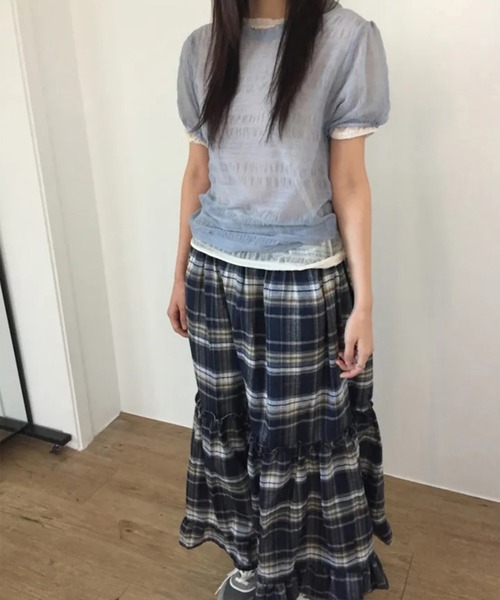 LYEON(リヨン)の「チェックティアードフリルスカート(スカート・レディース・ブラウン/ネイビー・FREE)」の8枚目の写真
