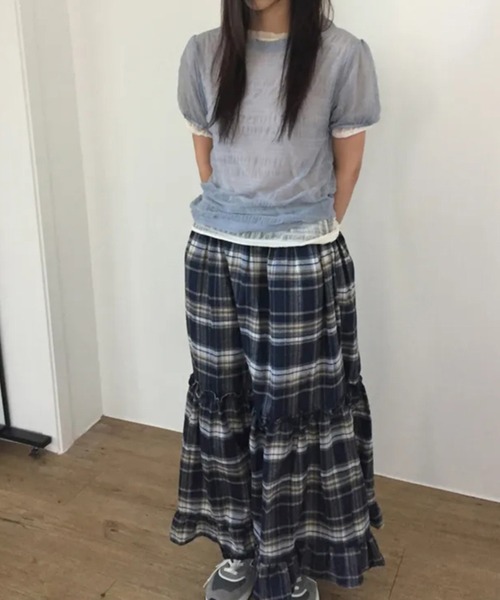 LYEON(リヨン)の「チェックティアードフリルスカート(スカート・レディース・ブラウン/ネイビー・FREE)」の9枚目の写真