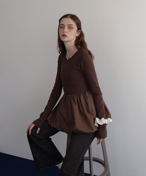 Mili affinity(ミリアフィニティー)の「バイカラーバルーンペプラムリブニットトップス(チュニック・レディース・ブラウン/アイボリー/ブラック/杢グレー・FREE)」の18枚目の写真