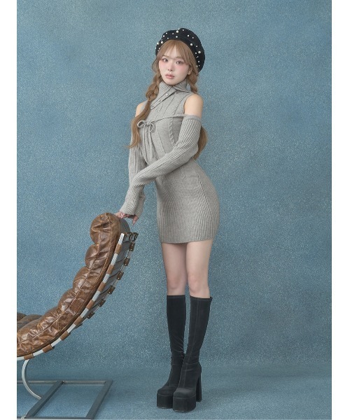 Darich デザインネックニットミニワンピース GRY デザインネックニットミニワンピース（ワンピース）｜Darich