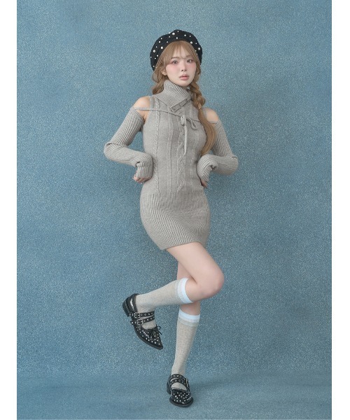 デザインネックニットミニワンピース デザインネックニットミニワンピース（ワンピース）｜Darich