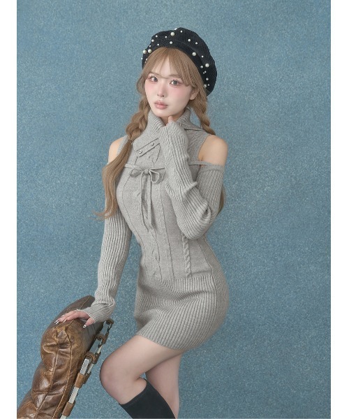 デザインネックニットミニワンピース（ワンピース）｜Darich