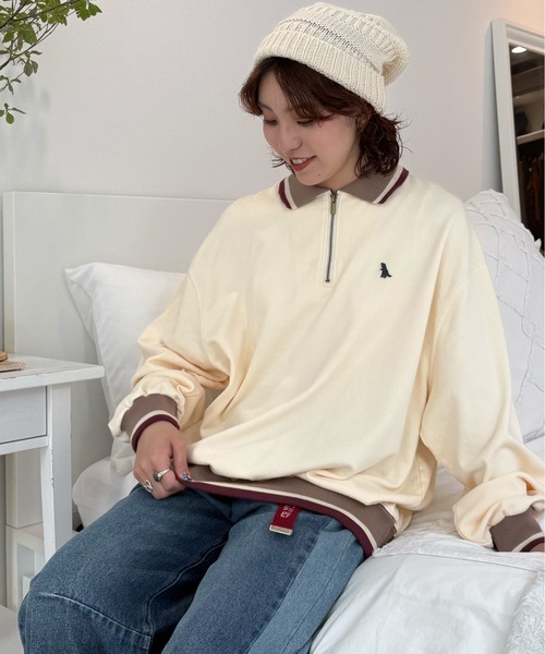 DOUBLE NAME（ダブルネーム）の「【m:rex】ミニ恐竜ワッペンハーフZIPプルオーバー（Tシャツ/カットソー・レディース・オレンジ/ブラック/オフホワイト・FREE）」の2枚目の写真