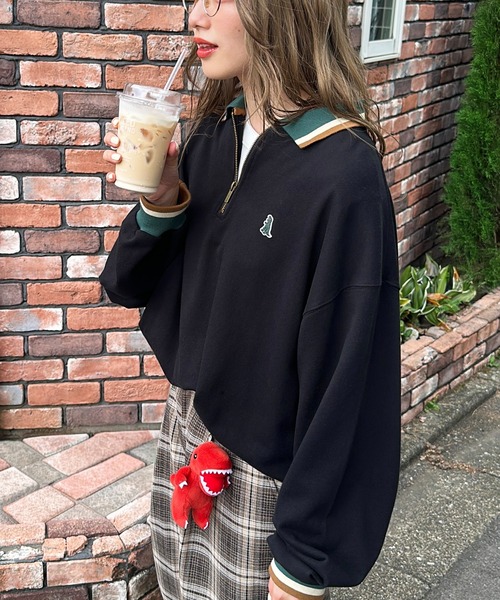 DOUBLE NAME（ダブルネーム）の「【m:rex】ミニ恐竜ワッペンハーフZIPプルオーバー（Tシャツ/カットソー・レディース・オレンジ/ブラック/オフホワイト・FREE）」の3枚目の写真