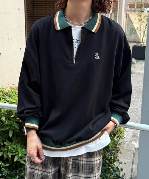 DOUBLE NAME（ダブルネーム）の「【m:rex】ミニ恐竜ワッペンハーフZIPプルオーバー（Tシャツ/カットソー・レディース・オレンジ/ブラック/オフホワイト・FREE）」の4枚目の写真