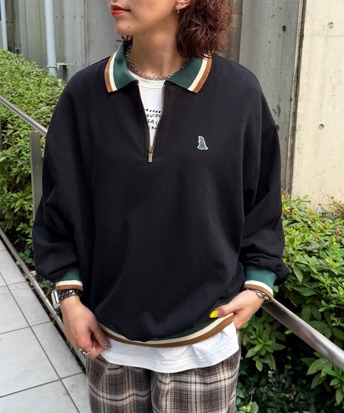 DOUBLE NAME（ダブルネーム）の「【m:rex】ミニ恐竜ワッペンハーフZIPプルオーバー（Tシャツ/カットソー・レディース・オレンジ/ブラック/オフホワイト・FREE）」の5枚目の写真