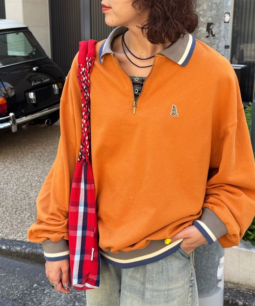 DOUBLE NAME（ダブルネーム）の「【m:rex】ミニ恐竜ワッペンハーフZIPプルオーバー（Tシャツ/カットソー・レディース・オレンジ/ブラック/オフホワイト・FREE）」の14枚目の写真