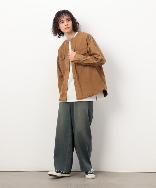 Purple&Yellow（パープルアンドイエロー）の「硫化ツイルブリーチクルーネック ワークシャツ（シャツ/ブラウス・メンズ・キャメル/ブルー・SMALL/LARGE/MEDIUM）」の8枚目の写真