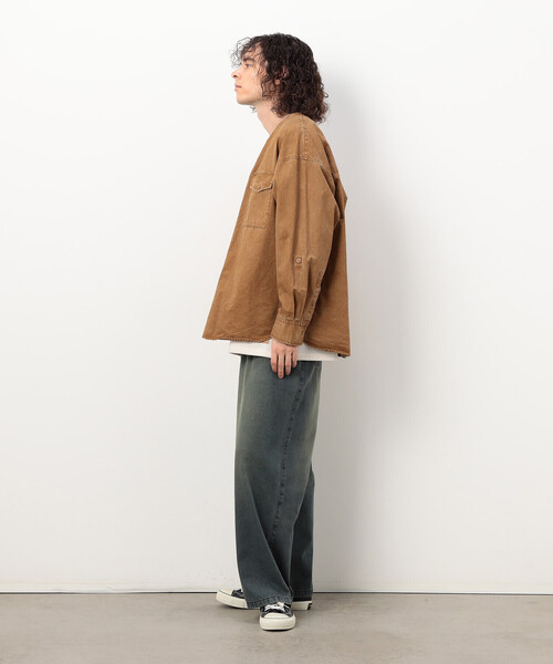 Purple&Yellow（パープルアンドイエロー）の「硫化ツイルブリーチクルーネック ワークシャツ（シャツ/ブラウス・メンズ・キャメル/ブルー・SMALL/LARGE/MEDIUM）」の9枚目の写真