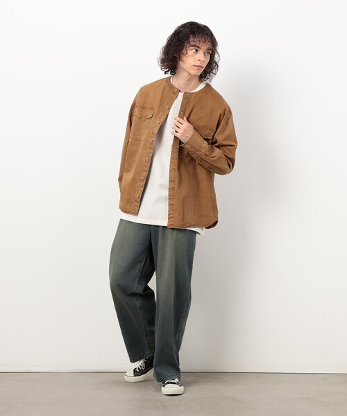 Purple&Yellow（パープルアンドイエロー）の「硫化ツイルブリーチクルーネック ワークシャツ（シャツ/ブラウス・メンズ・キャメル/ブルー・SMALL/LARGE/MEDIUM）」の11枚目の写真