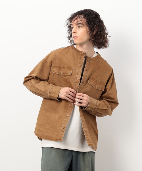 Purple&Yellow（パープルアンドイエロー）の「硫化ツイルブリーチクルーネック ワークシャツ（シャツ/ブラウス・メンズ・キャメル/ブルー・SMALL/LARGE/MEDIUM）」の13枚目の写真