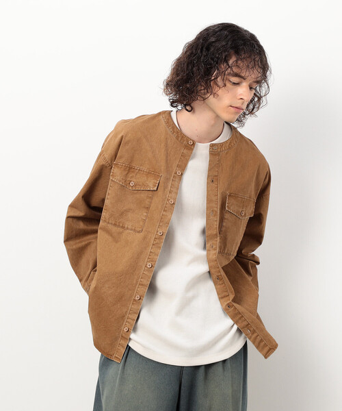 Purple&Yellow（パープルアンドイエロー）の「硫化ツイルブリーチクルーネック ワークシャツ（シャツ/ブラウス・メンズ・キャメル/ブルー・SMALL/LARGE/MEDIUM）」の19枚目の写真