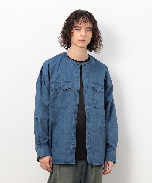 Purple&Yellow（パープルアンドイエロー）の「硫化ツイルブリーチクルーネック ワークシャツ（シャツ/ブラウス・メンズ・キャメル/ブルー・SMALL/LARGE/MEDIUM）」の10枚目の写真