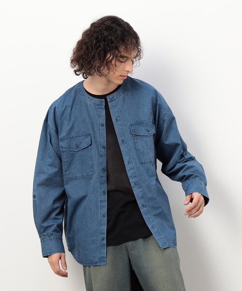 Purple&Yellow（パープルアンドイエロー）の「硫化ツイルブリーチクルーネック ワークシャツ（シャツ/ブラウス・メンズ・キャメル/ブルー・SMALL/LARGE/MEDIUM）」の12枚目の写真