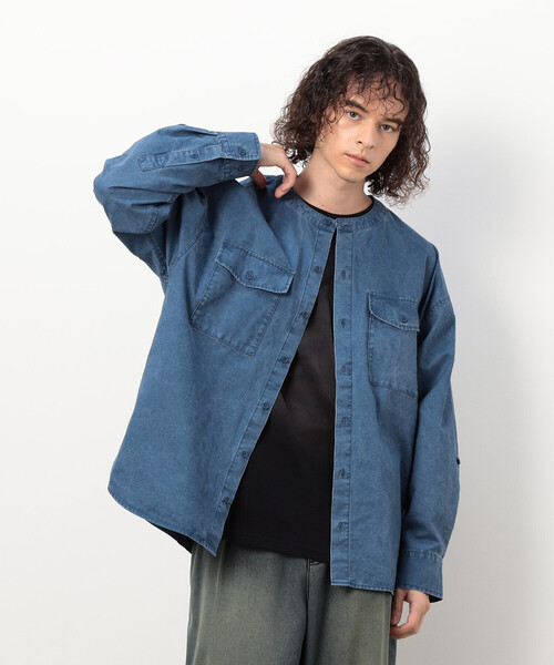 Purple&Yellow（パープルアンドイエロー）の「硫化ツイルブリーチクルーネック ワークシャツ（シャツ/ブラウス・メンズ・キャメル/ブルー・SMALL/LARGE/MEDIUM）」の14枚目の写真