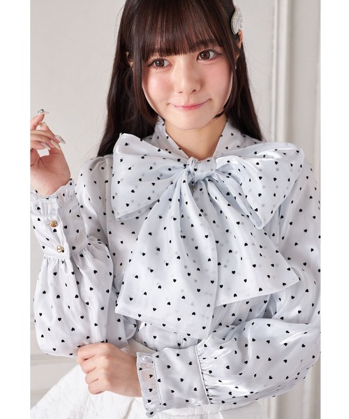 【ホワイト】ハートフロッキーブラウス ロジータ ROJITA ハートフロッキー半袖フリルブラウス （ホワイト