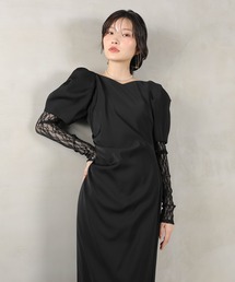 レースアームカバー付き ドレープ パフスリーブ Iライン ワンピースドレス パーティー 結婚式 お呼ばれ