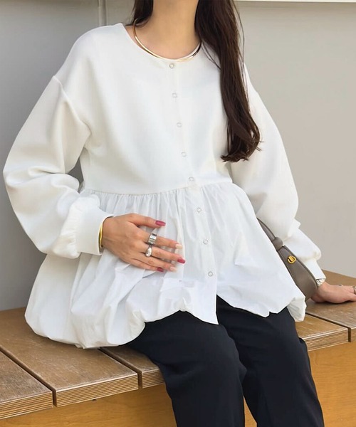 KOBE LETTUCE（コウベレタス）の「[ mamaレタス ] 異素材ペプラムバルーンカーディガン（マタニティウェア/グッズ・レディース・オフホワイト/ブラック・M）」の14枚目の写真