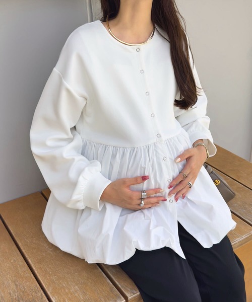 KOBE LETTUCE（コウベレタス）の「[ mamaレタス ] 異素材ペプラムバルーンカーディガン（マタニティウェア/グッズ・レディース・オフホワイト/ブラック・M）」の20枚目の写真