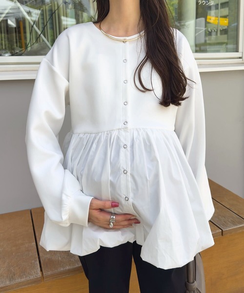 KOBE LETTUCE（コウベレタス）の「[ mamaレタス ] 異素材ペプラムバルーンカーディガン（マタニティウェア/グッズ・レディース・オフホワイト/ブラック・M）」の16枚目の写真