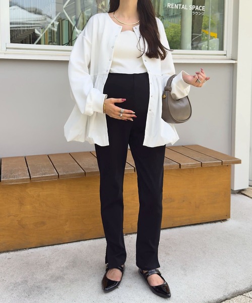 KOBE LETTUCE（コウベレタス）の「[ mamaレタス ] 異素材ペプラムバルーンカーディガン（マタニティウェア/グッズ・レディース・オフホワイト/ブラック・M）」の7枚目の写真