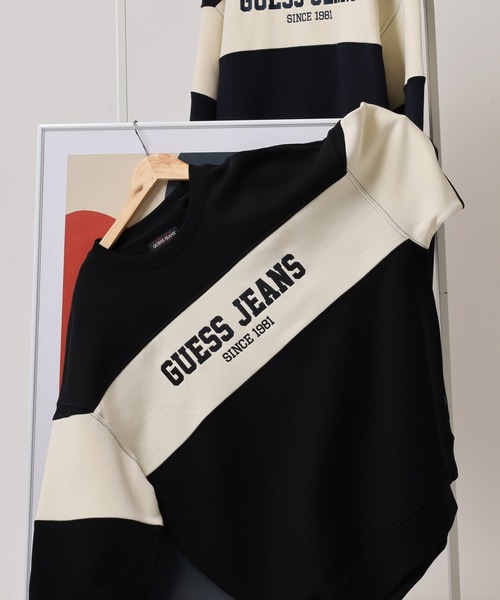 GUESS JEANS(ゲスジーンズ)の「GUESS JEANS GJ CN OS HORIZONT STRIPE SWEAT ゲス クルーネックスウェットシャツ(スウェット・メンズ・ネイビー/ブラック・XXL/XL/L/M)」の1枚目の写真