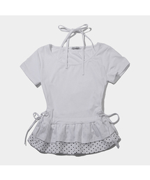 PLACE STUDIO | ストラップノースリーブレイヤードシャーリングドットフリル半袖Tシャツ _ 2COLOR(Tシャツ/カットソー)