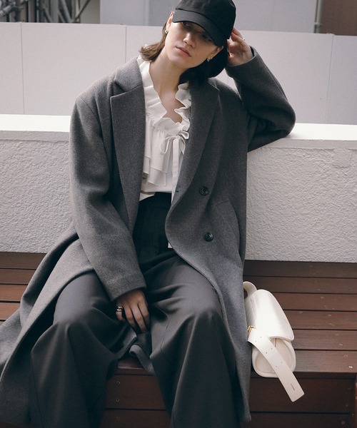 未使用級 パパスプラス メルトンコート ウール フード付 ふわふわ 縮絨 グレー WOOL DOUBLE BREASTED COAT