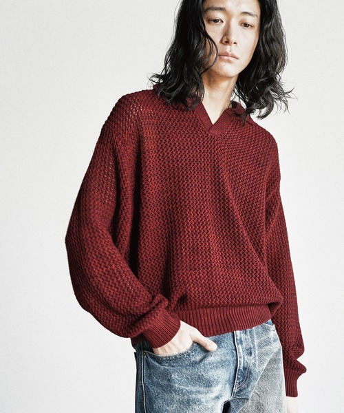 WYM LIDNM（ウィム バイ リドム）の「LOW GAUGE MESH KNIT POLO（ニット/セーター・メンズ・グレイッシュブルー/レッド/チャコール・S/M/L）」の3枚目の写真